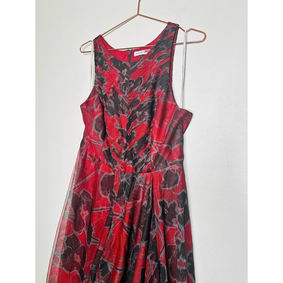 HALSTON Black Red Cherry Floral Print Sheer Sleeveless Tulle Full Skirt Dress 10 - Picture 6 of 9